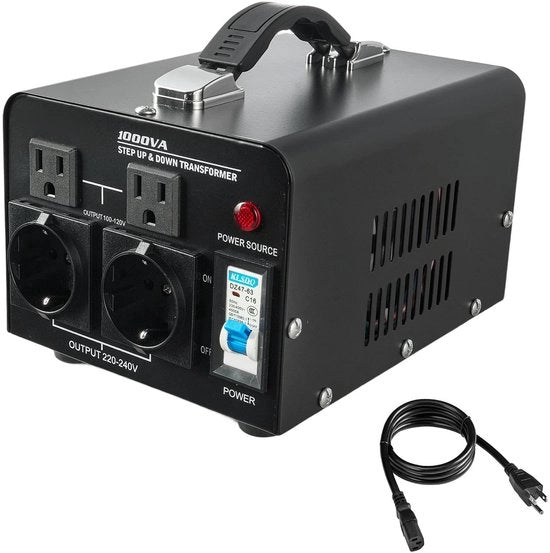 Trasformatore, 1000VA, Trasformatore a step up/down a lunga durata, Cambia tra 110V e 220V, Dotato di prese a terra US e EU, cavo di rete e interruttore di protezione per la sicurezza