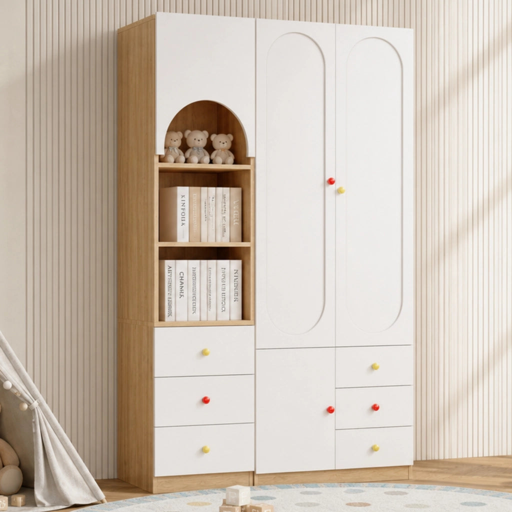 Set armadio e scaffale con ante e cassetti in MDF bianco e naturale