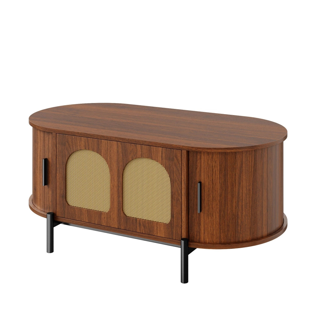 Tavolino da salotto ovale 100 x 50 x 40 cm in MDF color noce con ante in rattan e ripiani