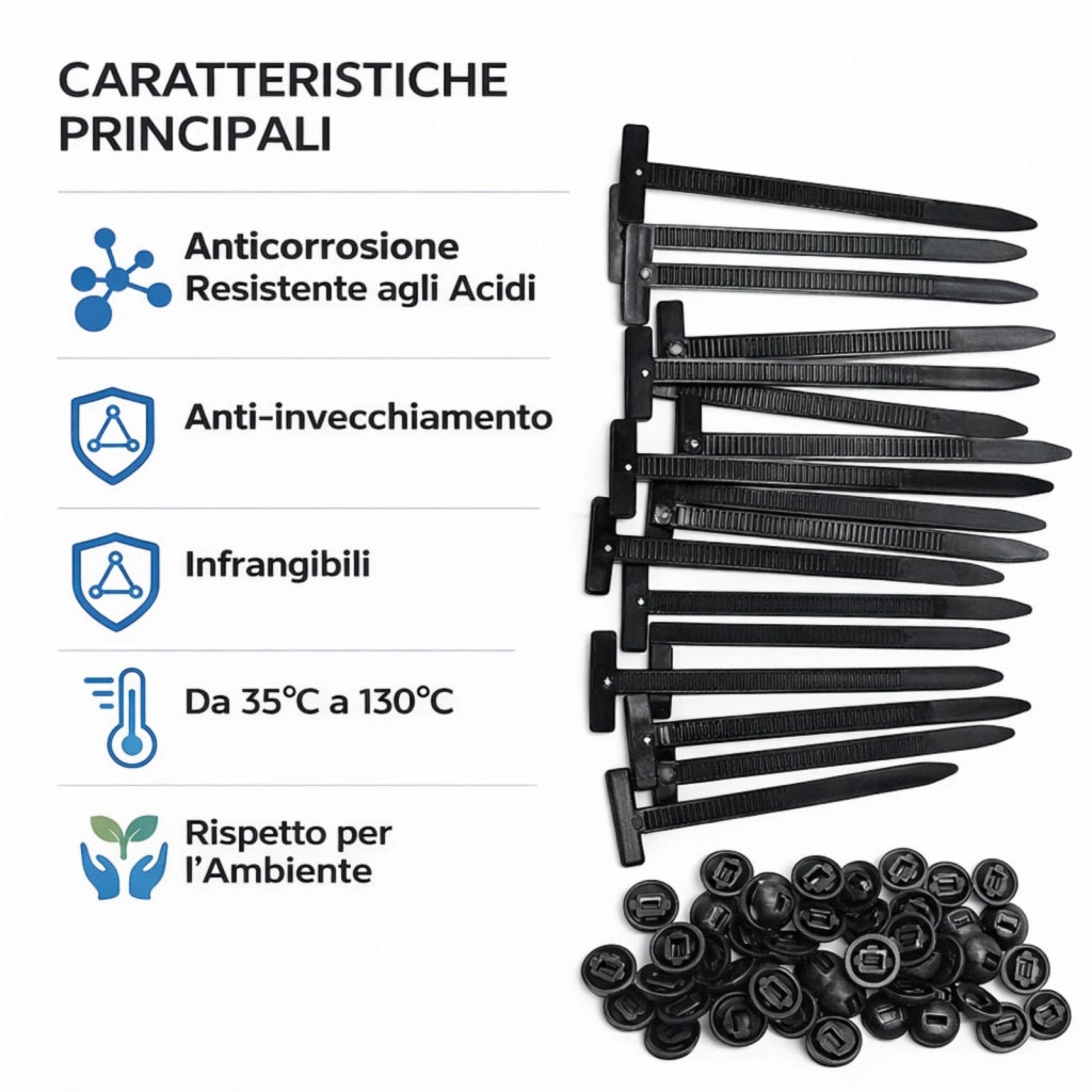 50 Fascette Nylon Auto + Clip Rivetto a Bottone Autobloccanti Fissaggio Paraurti