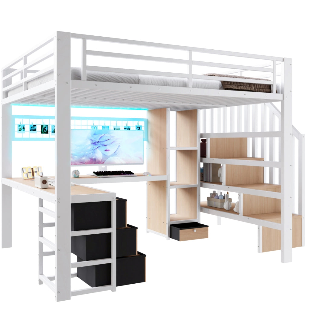 Letto a soppalco 140x200 cm in metallo e MDF bianco con scrivania; LED e contenitore