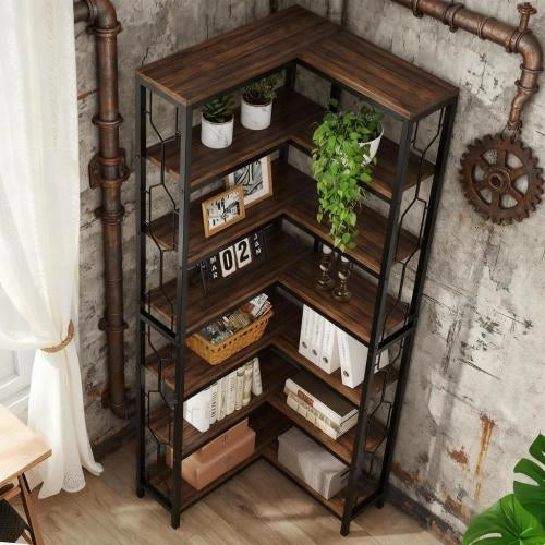 Libreria angolare industriale a 7 ripiani, scaffale da terra salvaspazio in legno ingegnerizzato e metallo nero