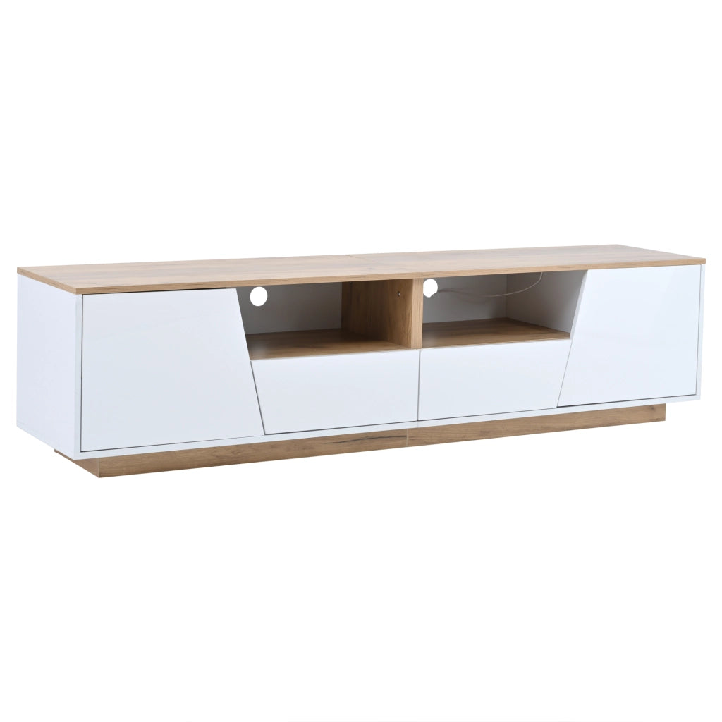 Mobile TV da 180x40x46 cm con 2 cassetti, 2 armadi e LED, design lucido frontale, colore bianco e legno naturale, per TV fino a 75 pollici