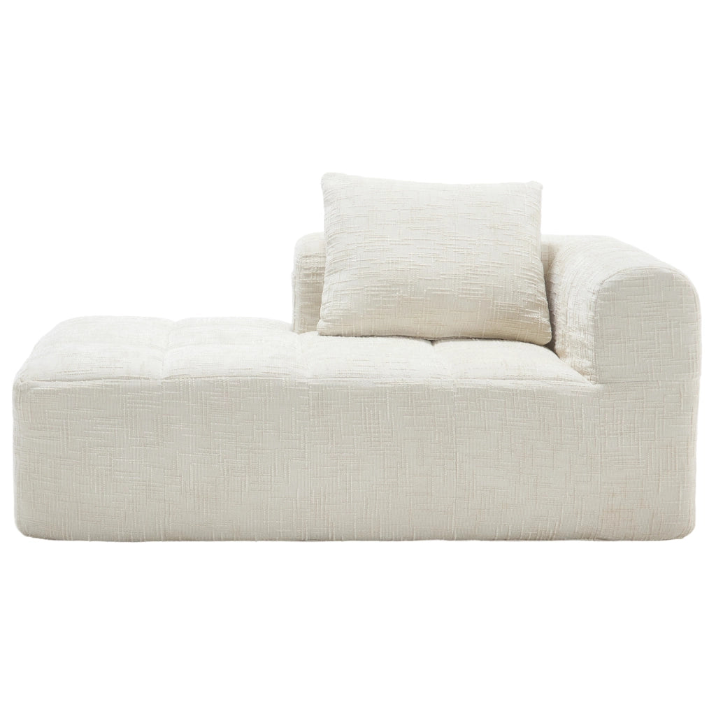 Divano chaise longue in ciniglia beige con tasche laterali e cuscino