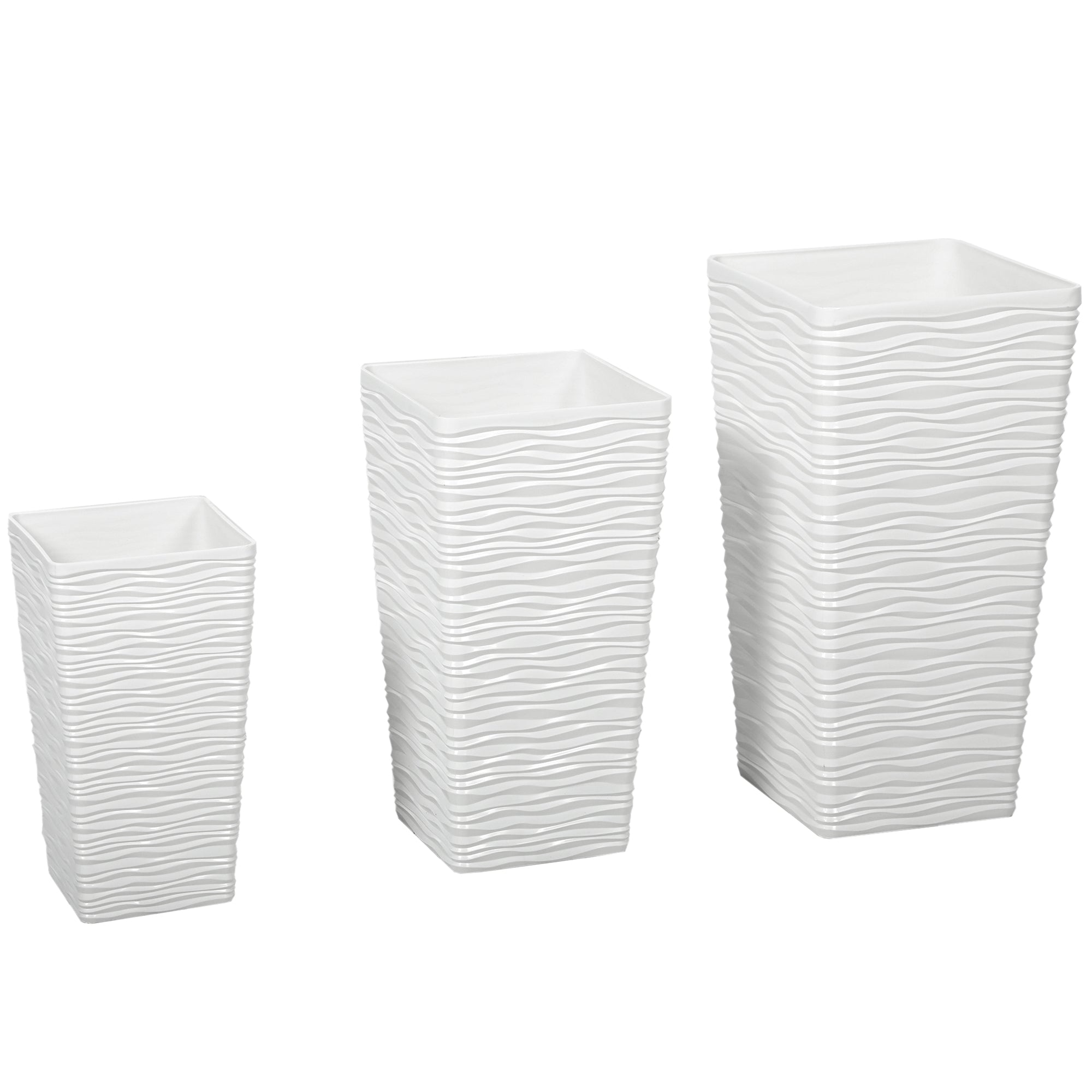 Set 3 Vasi da Esterno 42-55-65 cm Impilabili con Motivo Ondulato in Plastica Bianco