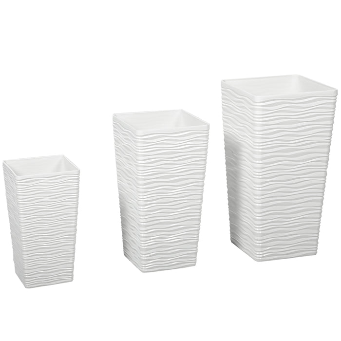 Set 3 Vasi da Esterno 42-55-65 cm Impilabili con Motivo Ondulato in Plastica Bianco