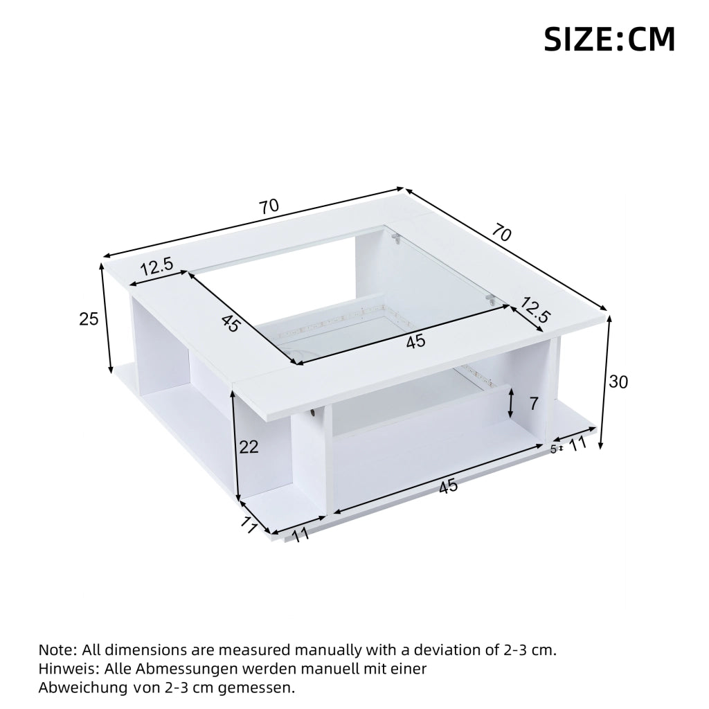 Tavolino basso quadrato con LED, 2 vani aperti e ripiani laterali, in truciolato e vetro, bianco, 70 × 70 × 30 cm
