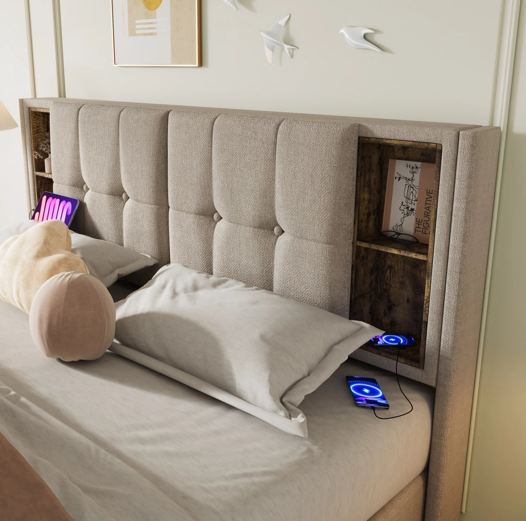 Letto imbottito 160x200 cm in lino naturale con ricarica wireless; USB e contenitore