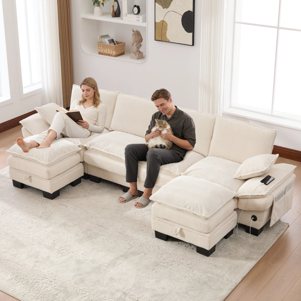 Divano 4 Posti con 2 Poggiapiedi in Tessuto a Coste ¨C MINIMAL ¨C Beige, Cuscini, Braccioli
