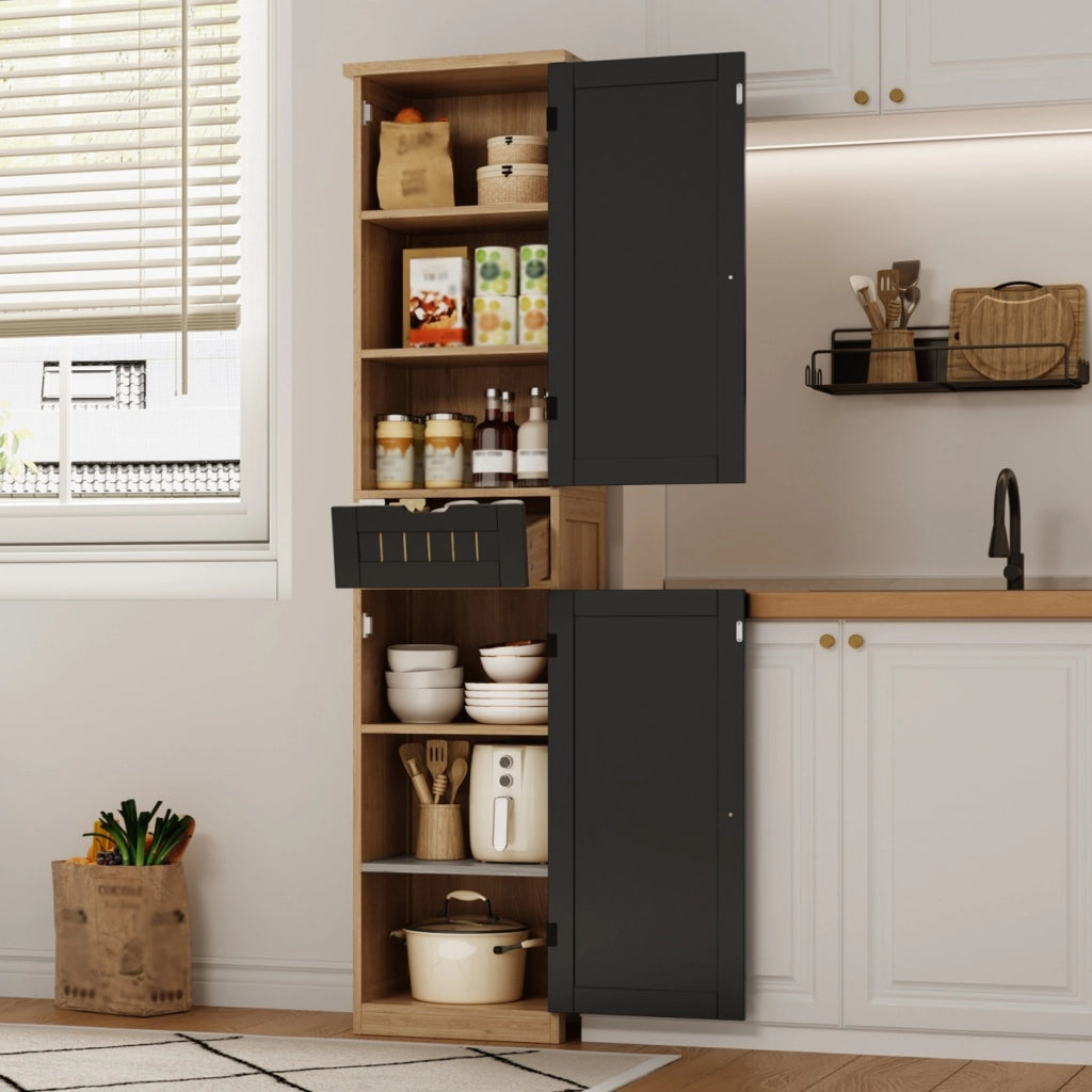 Credenza da cucina 170×40×30 cm in MDF con 2 ante, 1 cassetto e ripiani interni regolabili, colore Natural+Black