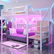 Letto a soppalco 90x200 cm con LED e scala con spazio contenitore in metallo bianco