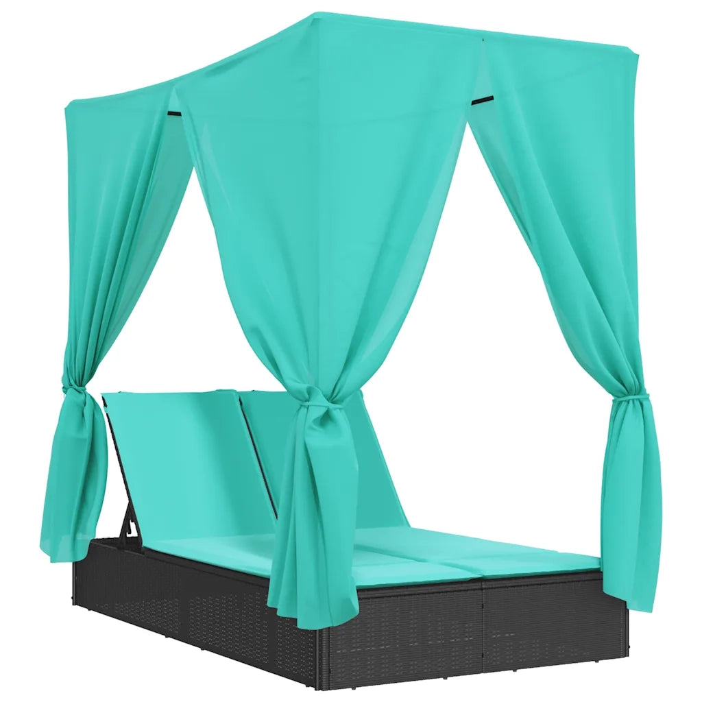 Lettino Prendisole con Tetto e Tende Nero in Polyrattan 368080