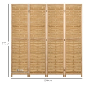 Paravento a 4 pannelli in bambù, 160 x 170 cm, divisorio pieghevole con piedini antiscivolo, colore Natural Wood