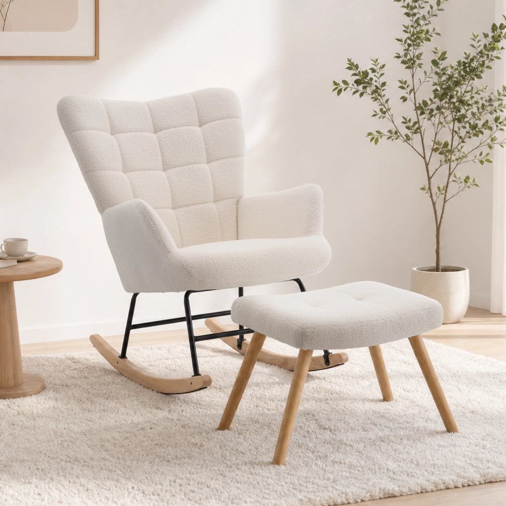 Poltrona a dondolo in montone beige con poggiapiedi 91x61x88 cm