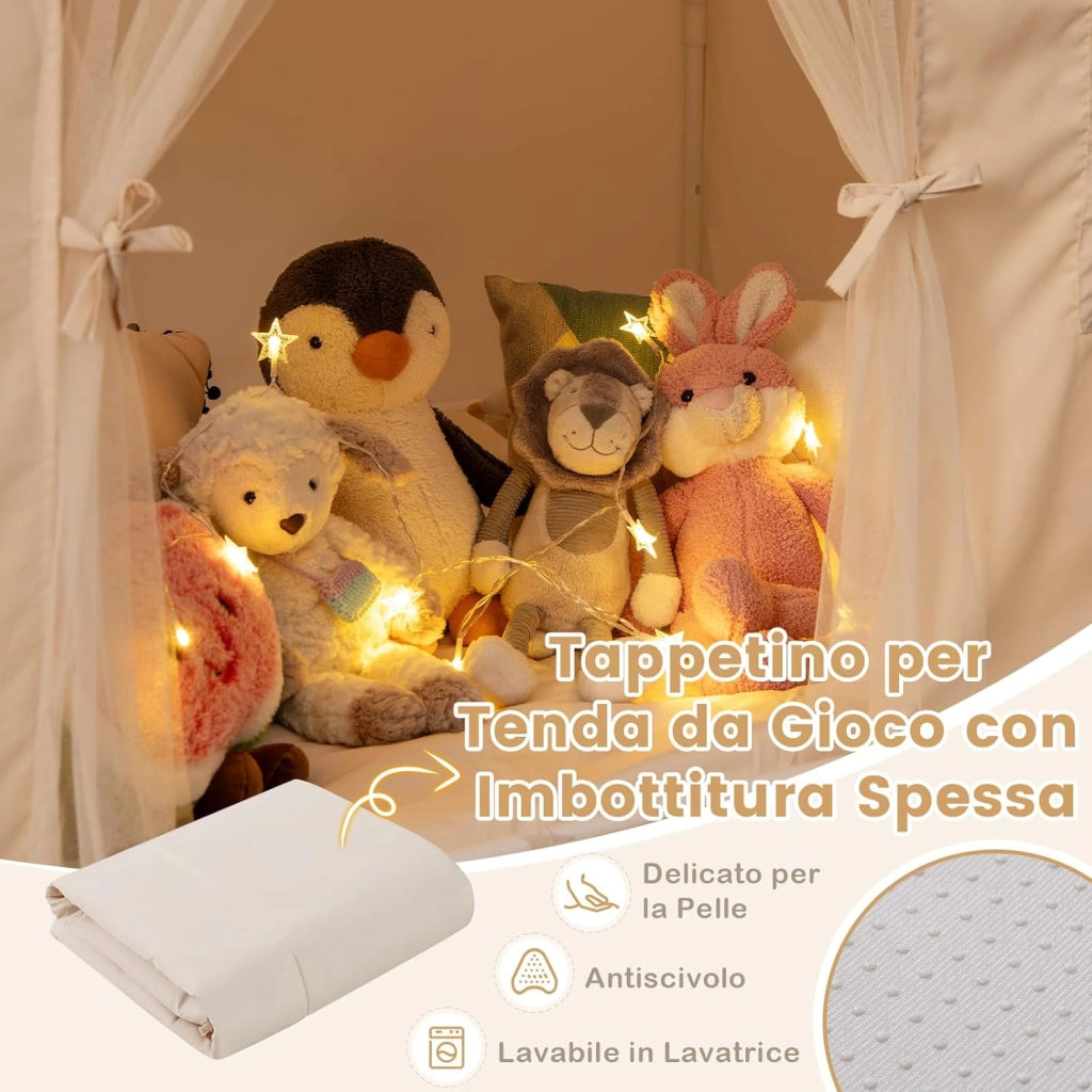 Tenda per Bambini con Luci Fatate e Bandierine, Tenda Casetta da Gioco con Porta e 2 Finestre, Tenda Gioco con Tappetino Imbottito, per Interno ed Esterno, 123 x 107 x 137 cm, Beige