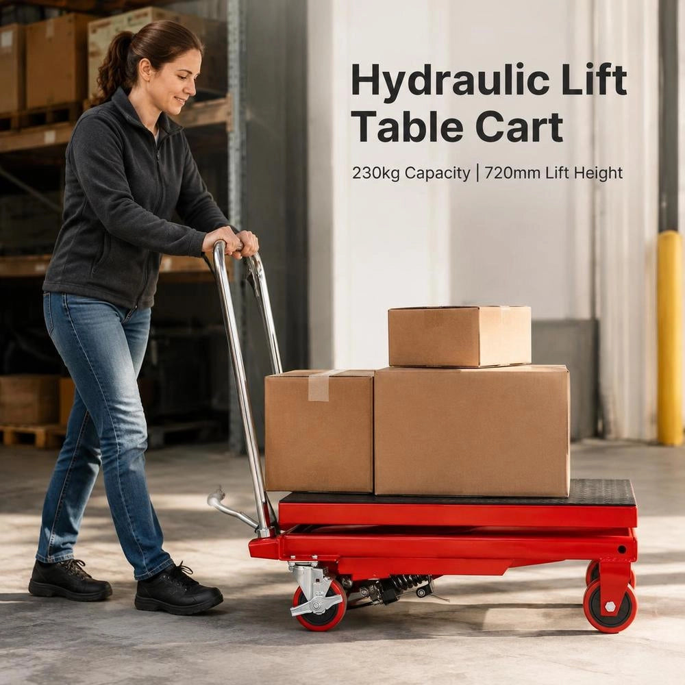 Hydraulic Scissor Lift Table, 230 Kg Load Capacity, Lift Table Trolley, 220–720 Mm Lifting Range, Workshop Lift Table, 700 X 450 Mm Platform, Scissor Lift Trolley, Single Scissor, Red, Factories, Warehouses, Supermarkets