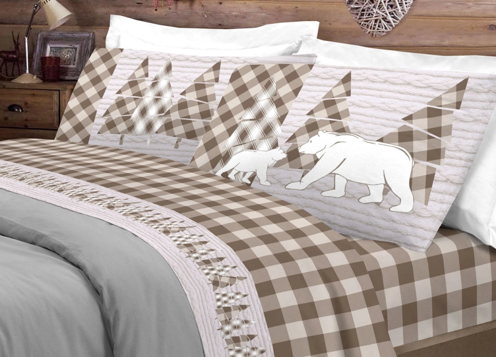 Completo Lenzuola Flanella Pensieri Delicati 100% Cotone Disegno Canada - Matrimoniale - Beige