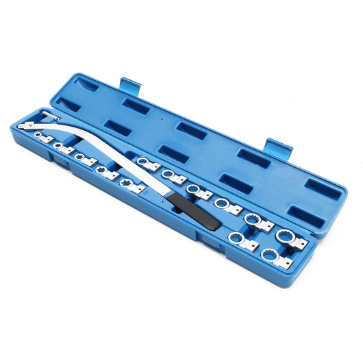 Set di chiavi a rulli di tensione con 13 attacchi, tra cui otto 12 lati da 12-19 mm e cinque profili E con pratica valigetta