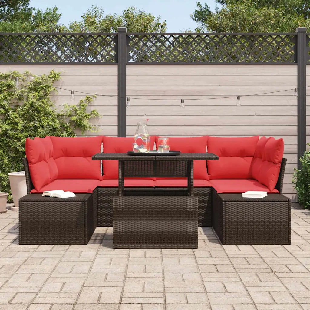 Set Divano da Giardino 7 pz 6-Numero di posti Marrone e Rosso 3357857