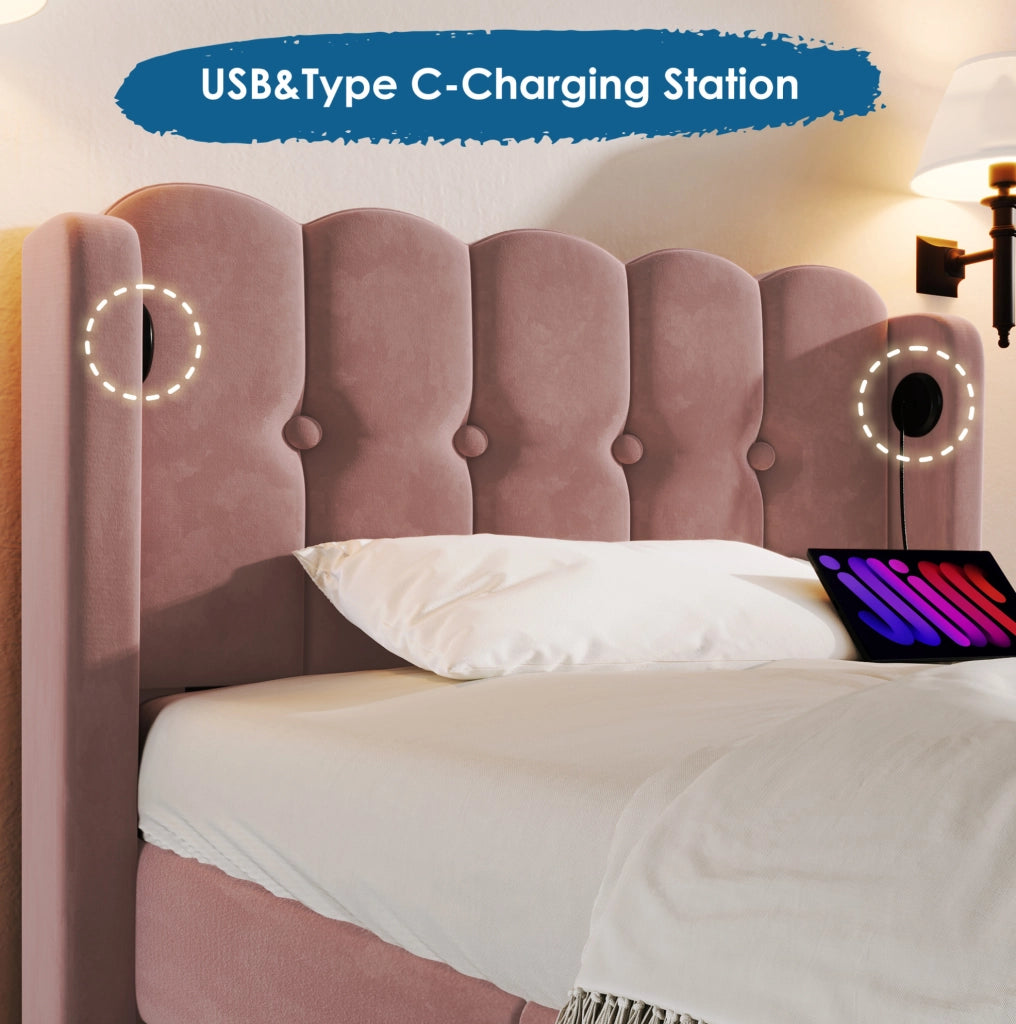 Letto singolo imbottito 90x200 cm in velluto rosa con porta USB e Type-C