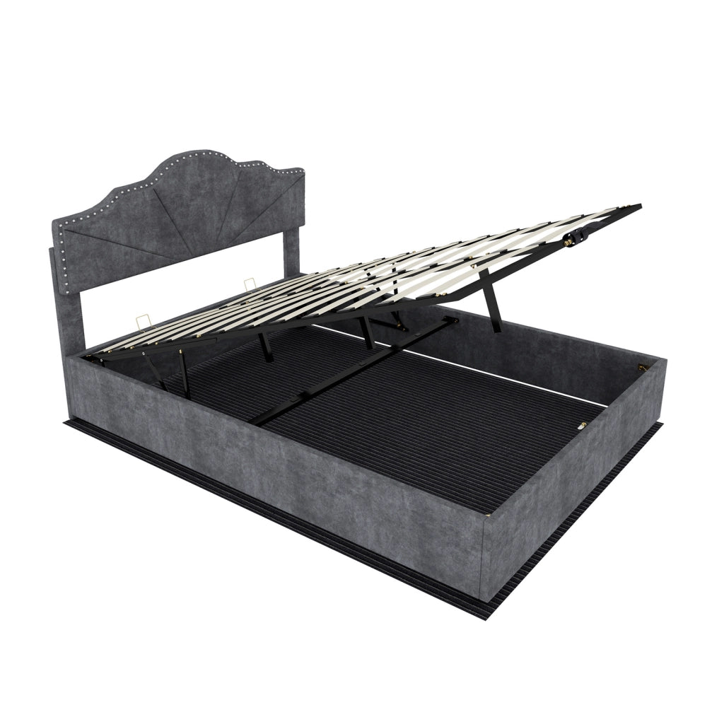 Letto imbottito 140x200 cm con rete a doghe; tessuto grigio e struttura in metallo