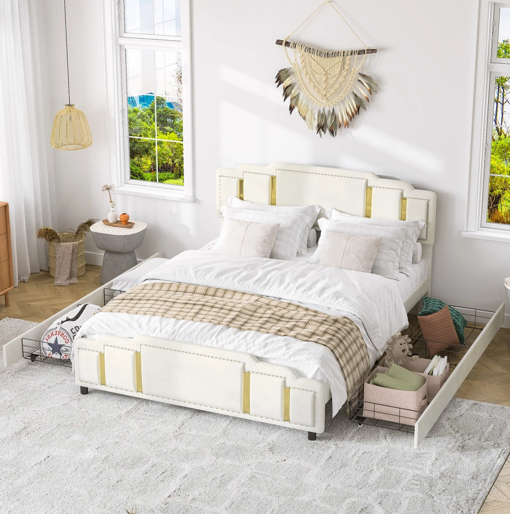 Letto matrimoniale 160x200 cm in velluto beige con LED e cassetti