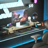 Rialzo per Monitor per Ufficio, Supporto per Schermo PC da 60-116 cm con 2 Cassetti, Lunghezza e Angolo Regolabili, Rovere