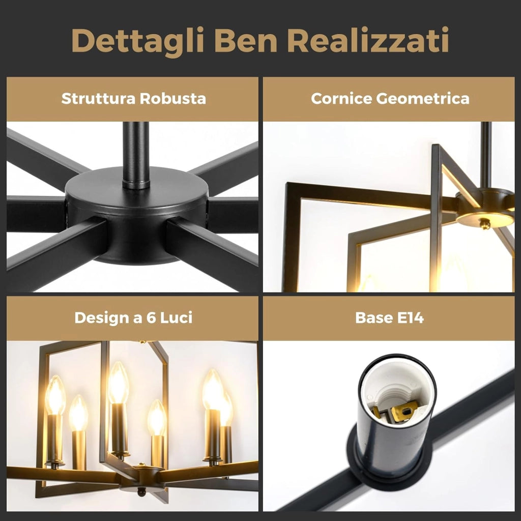Lampadario a Sospensione a 6 Luci, Lampada a Sospensione Geometrica Moderna in Metallo Industriale con Altezza Regolabile, Lampada da Soffitto per Cucina, Salotto e Camera da Letto (Nero)