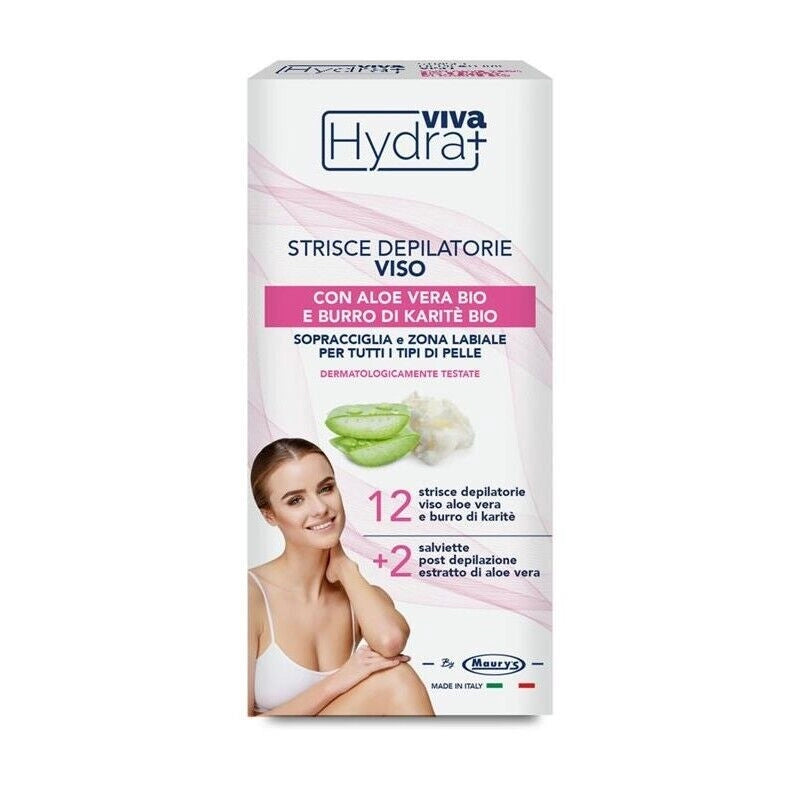 HYDRA VIVA+ STRISCE DEPILATORIE PER VISO CON ALOE E BURRO DI KARITÈ 12 PEZZI