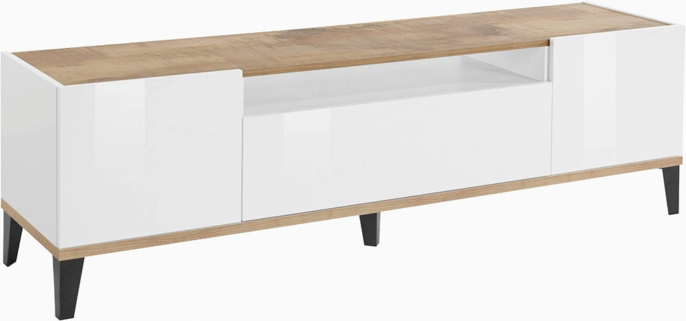 Porta TV SUNRISE 160 cm - Bianco/acero, con vani e cassetto