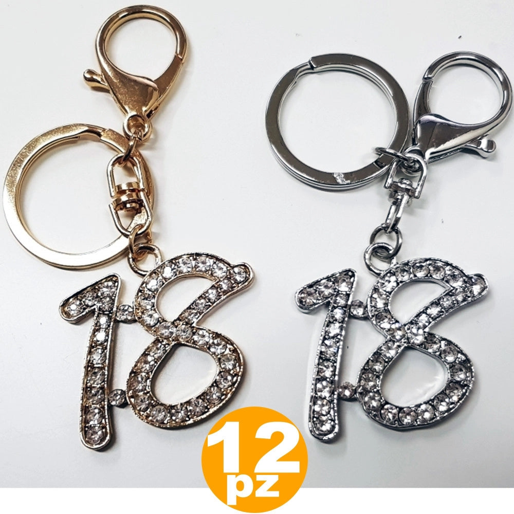 Trade Shop - Set 12 Bomboniera Oro Argento Brillantini 18 Anni Compleanno Portachiavi Chiave -