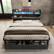 Letto matrimoniale 140x200 cm in lino grigio con testiera contenitore; LED; USB e cassetti