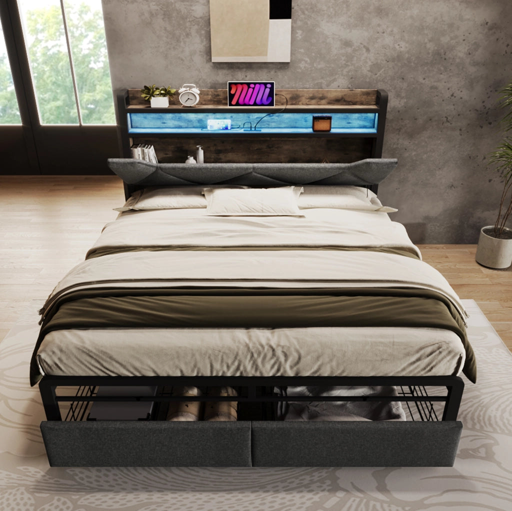 Letto matrimoniale 140x200 cm in lino grigio con testiera contenitore; LED; USB e cassetti