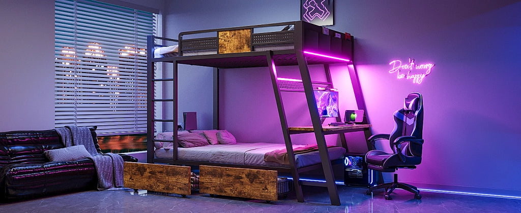 Letto a castello 2 posti per 2 materassi 90 × 200 cm con scrivania, prese, USB e porta tipo C, LED, senza materasso