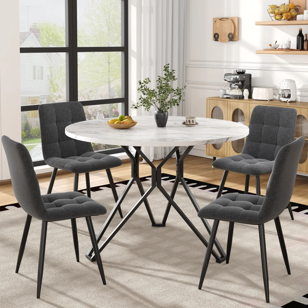 Tavolo da pranzo rotondo con 4 sedie, piano effetto marmo, struttura in metallo, per cucina e soggiorno, 100 × 76 cm