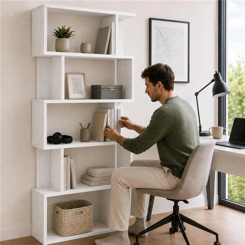 LIBRERIA CUBICA IN LEGNO BIANCO MODERNA CON CINQUE RIPIANI SFALSATI DIMENSIONI 70X24X159 CM