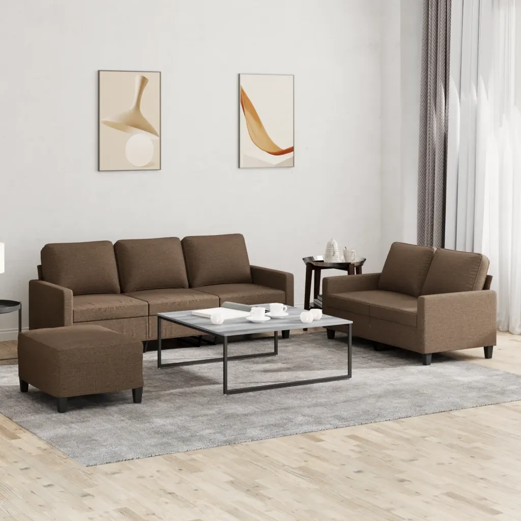 Set di Divani 3 pz con Cuscini Marrone in Tessuto