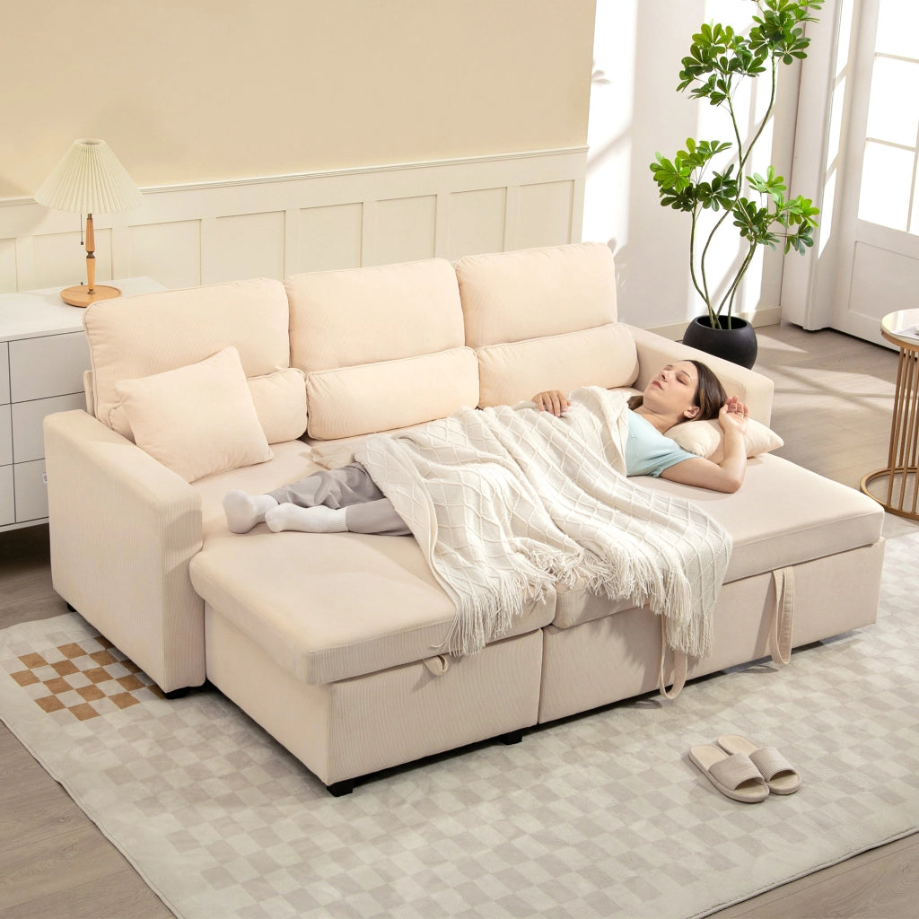 Divano Letto Angolare con Vano Contenitore 205x135x76 cm Rivestimento in Velluto a Coste Beige