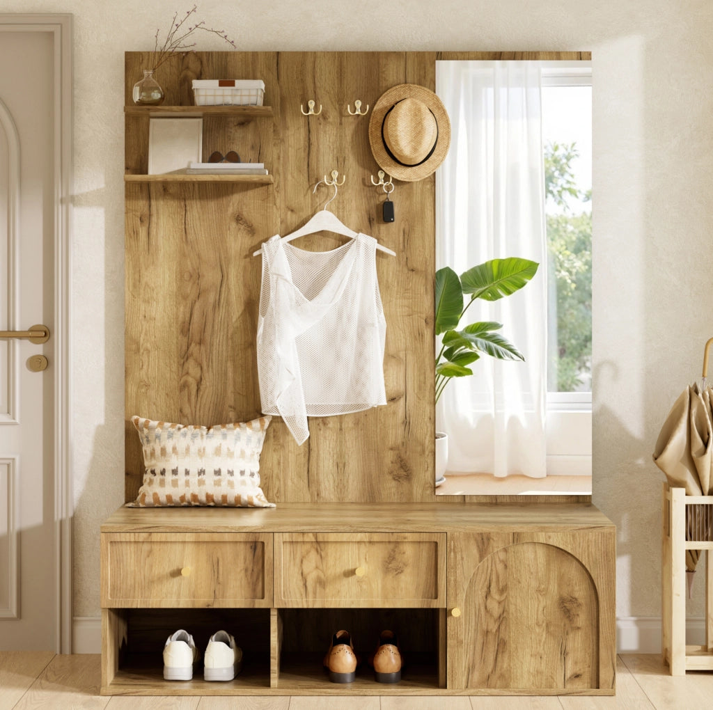 Set guardaroba da ingresso 6 in 1 con specchio e panca