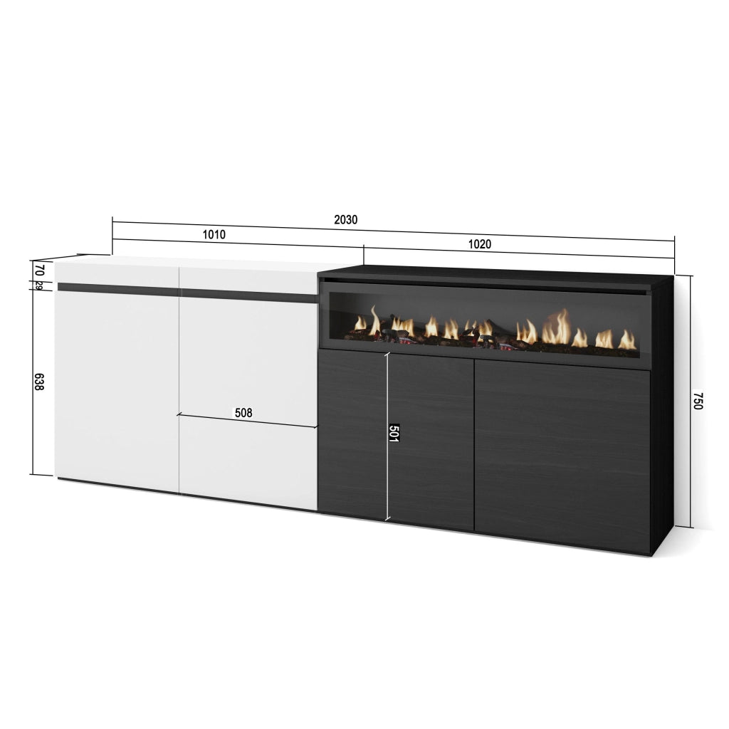 Credenza, Mobile, 200x35x75cm, 4 Porte, Camino elettrico, Bianco e nero RF2397