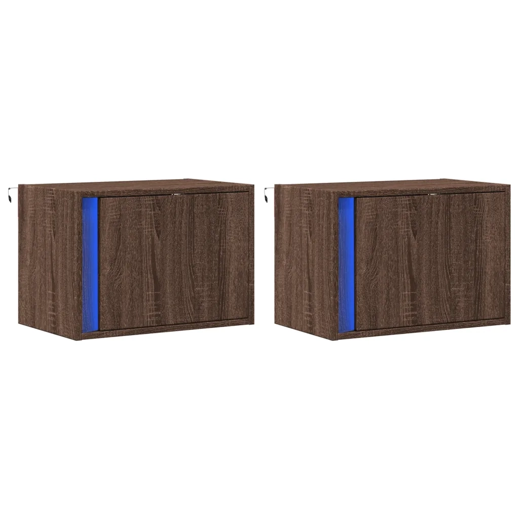 vidaXL Comodini a Parete con luci LED 2 pz Rovere Marrone