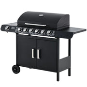 BARBECUE A GAS CON COPERCHIO, 7 BRUCIATORI DA 20KW, FORNELLO LATERALE E 2 RUOTE, 135X50X100CM NERO