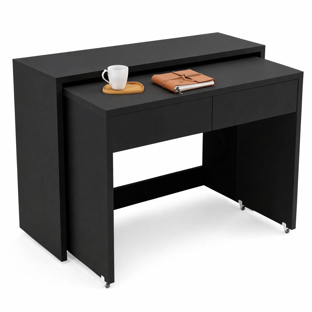 Scrivania pieghevole 2 in 1 con 2 cassetti e ruote - per studio - 110 x 40 x 78 cm - nero