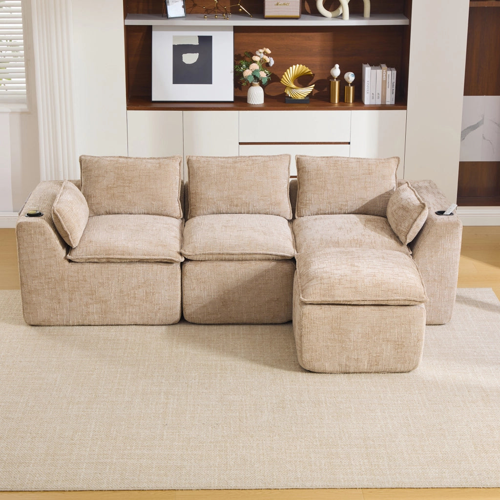 Divano modulare 3 posti con pouf; cuscini e tasche laterali; in chenille khaki