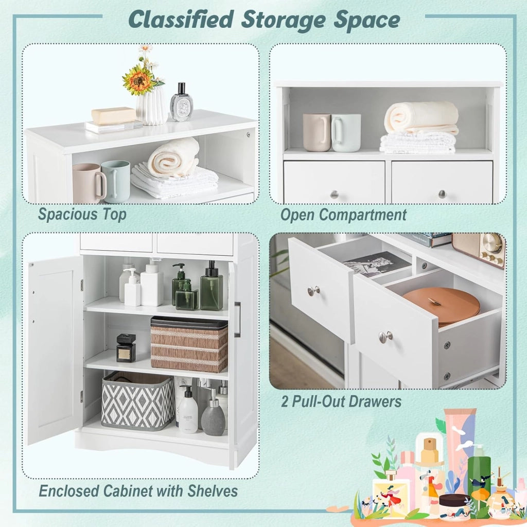 Armadietto da Bagno in MDF con Ripiani Regolabili, Mobiletto da Terra con 2 Ante e 2 Cassetti, Armadio Multifunzionale per Bagno, Soggiorno, Cucina, Bianco 60 x 30 x 108 cm (Bianco)