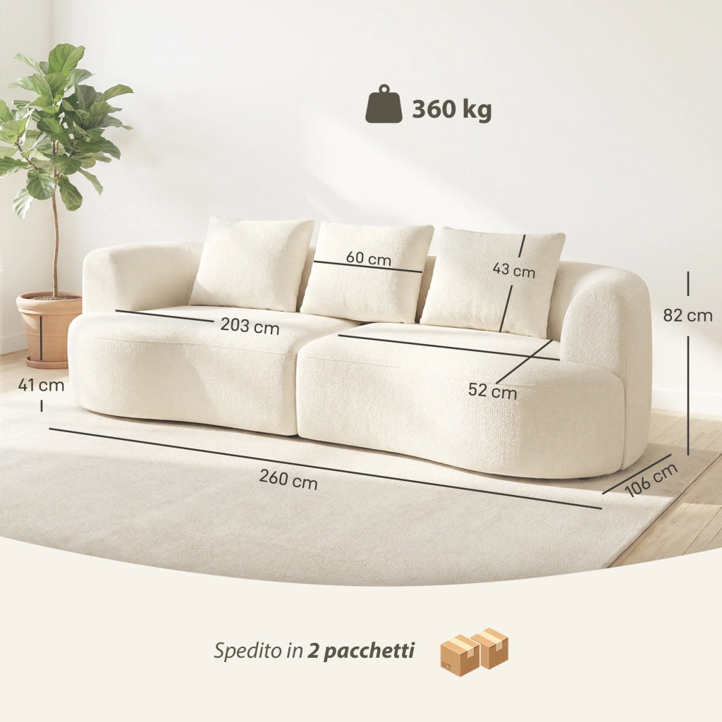 Divano 3 Posti in Ciniglia Crema con Cuscini ¨C Zephmum ¨C 260x106x82 cm