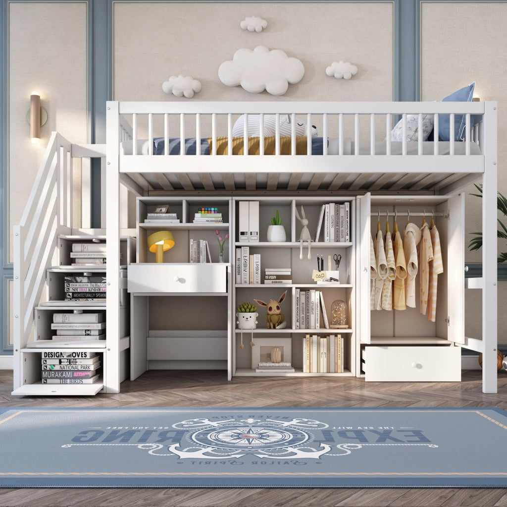 Letto per bambini multifunzionale 90x200 cm bianco in legno massiccio e MDF; con scrivania e vani contenitori
