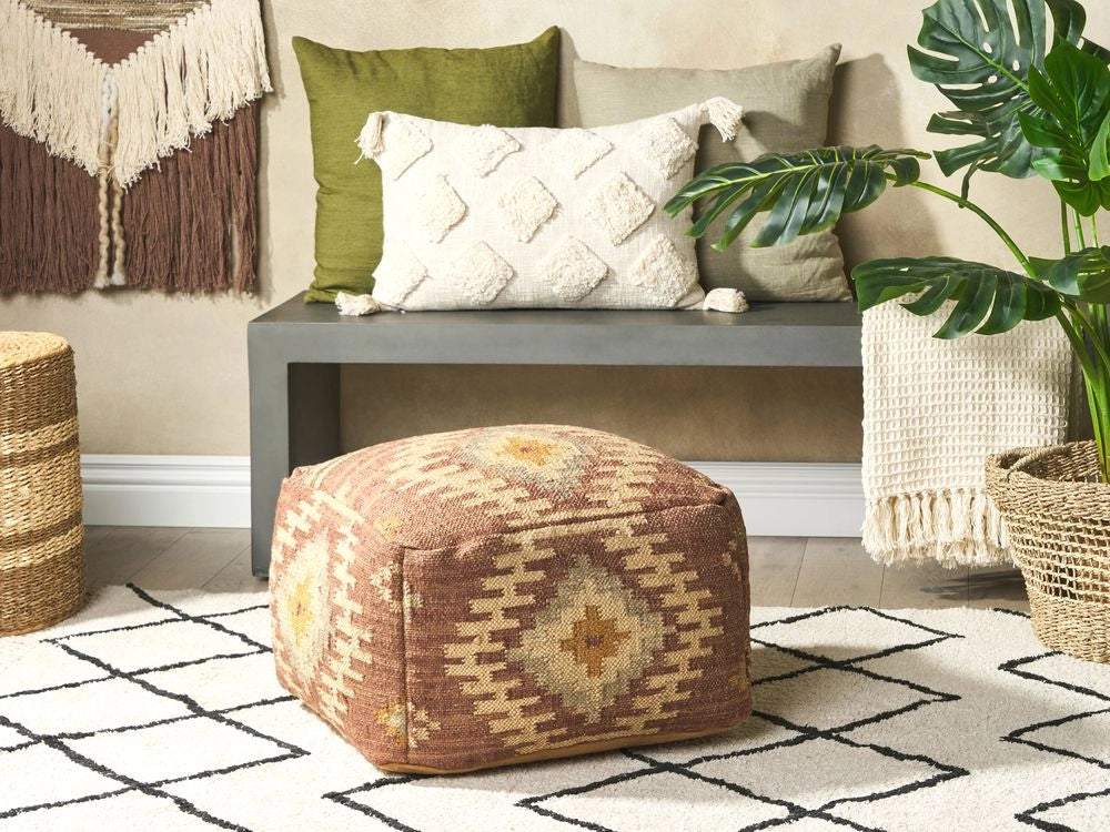 Pouf in iuta beige rosso 50 x 50 cm poggiapiedi in lana motivo geometrico boho moderno