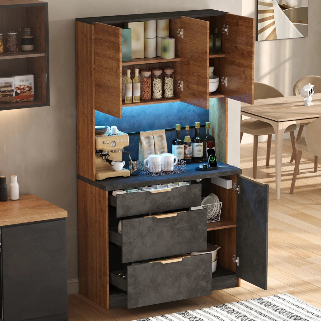 Mobile dispensa con LED RGB e prese integrate; ripiani regolabili e cassetti in MDF naturale 100 × 40 × 180 cm