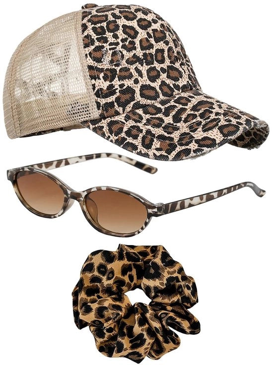 Ombrellone da Sole con Cappello e Fascia per Capelli con Disegno di Leopardo - Regolabile - Stile di Cielo.